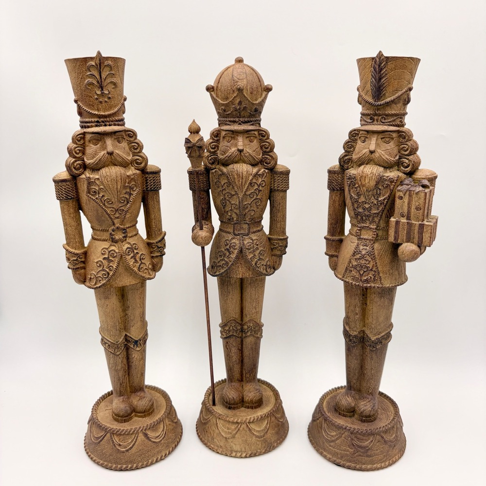 Set of 3 Faux Wood Nutcracker Soldier Figurines 18.5 Inch Rustic Holiday Decor